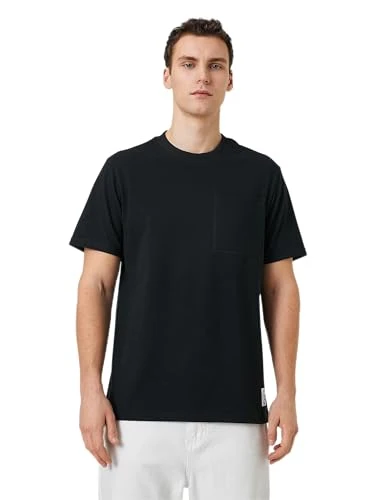 Men's Crew Neck T-Shirt Pocket Detailed tag Printed Short Sleeve, Black (999), S