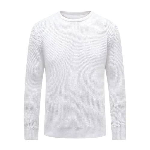 Mens Crew Neck Winter Sweater Plain Casual Jumpers Regular Fit Long Sleeve Pullover Top Sweater Whit