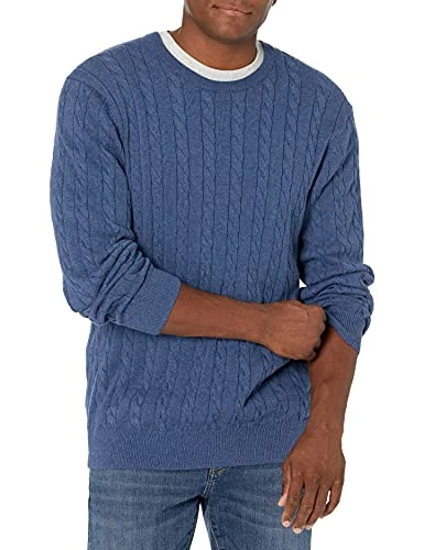 Men's Crewneck Cable Cotton Jumper, Blue Heather, L