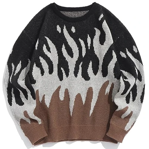 Mens Crewneck Oversized Sweaters Y2K Aesthetic Flame Graphic Knitted Sweater Casual Pullover Long Sleeve Jumpers, Coffee, S