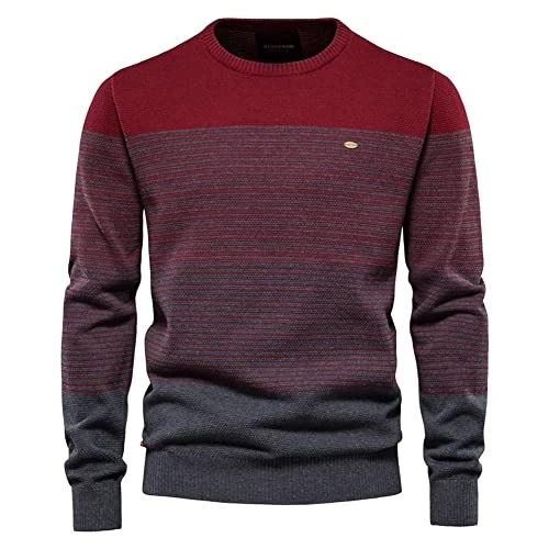 Men's Crewneck Sweatshirt Casual Lightweight Knitted Pullover Jumper Contrast Color Top,Red,XXL