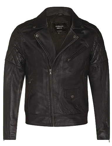 Mens Cross Zip Black Leather Retro Vintage Quilted Biker Jacket