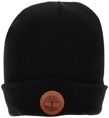 Men's Cuffed Beanie with Leather Logo Patch, Black, One Size Men's Cuffed Beanie with Leather Logo Patch, Black, One Size