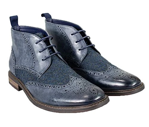 Men's Curtis Shoes Contrast Tweed Vintage PU Leather Lace Up Ankle Boots, Navy, 11 UK