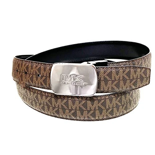 Men's Cut to Fit Reversible PVC Leather MK Plaque Belt (Brown)