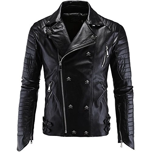Mens Dark Skull Head Button Biker Leather Jacket for Cool Guys Black 3XL
