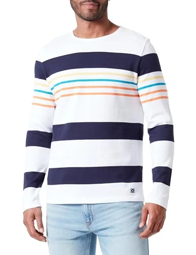 Men's Deauville Long Sleeve Striped Sailor Shirt Sweater, White/Navy D/Coral R/Car, S