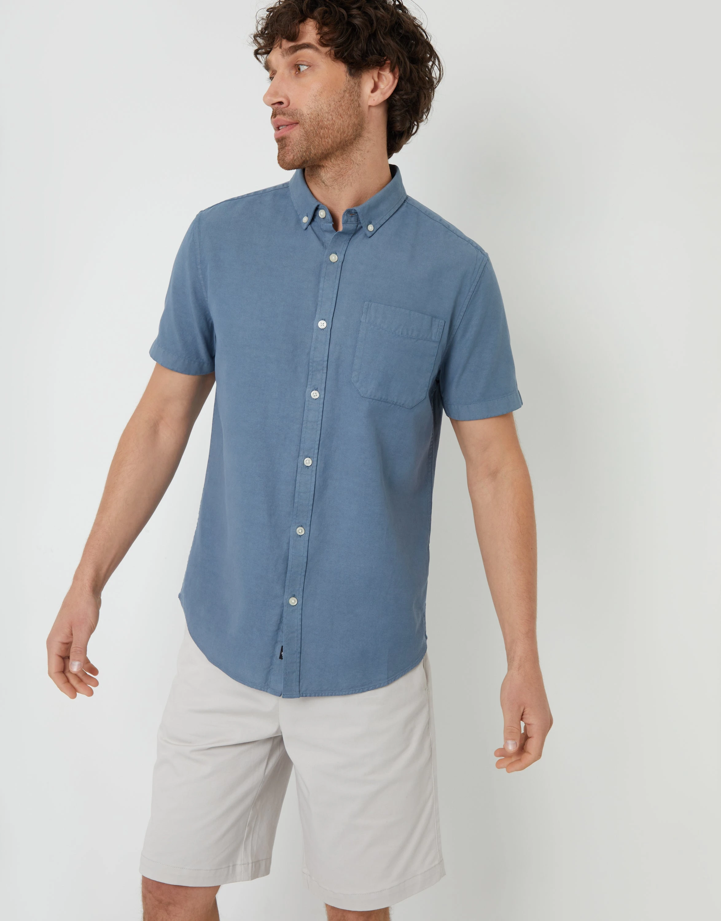 Men's Denim Blue Cotton Lycocell Blend Short Sleeve Shirt