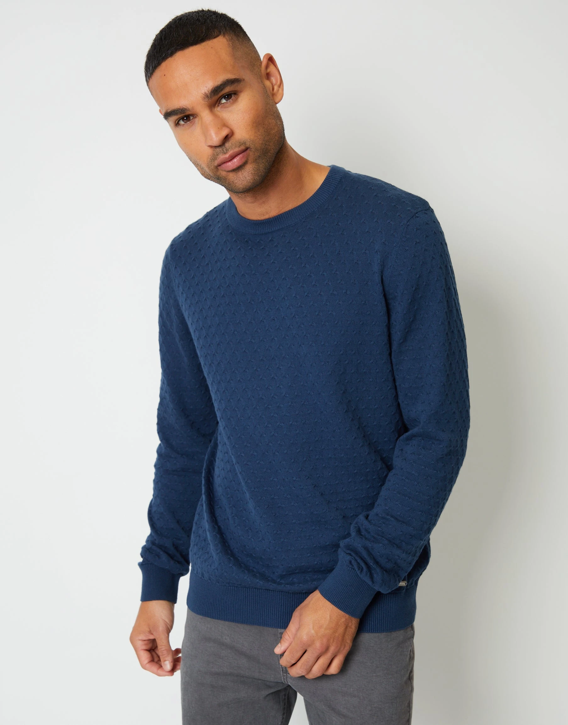 Men's Denim Blue Mini Cable Knit Crew Neck Jumper