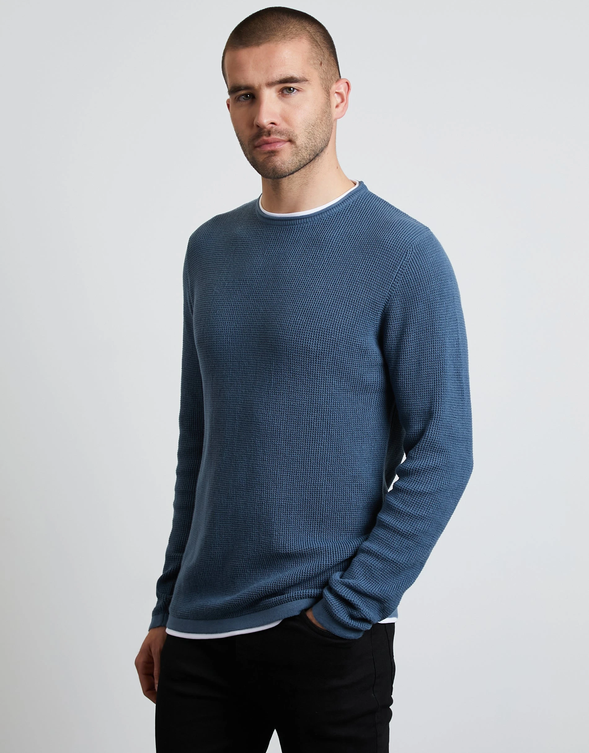 Men's Denim Blue Mock Tee Crew Neck Jumper