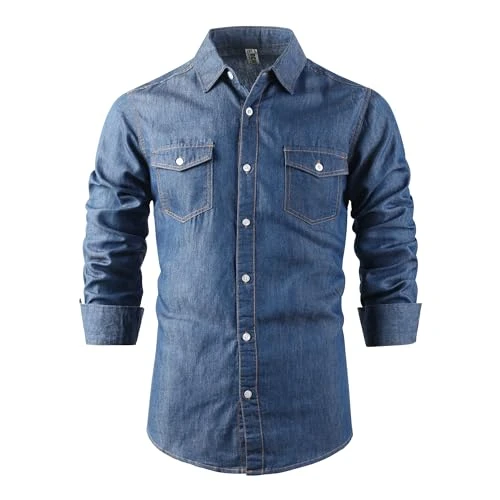 Men's Denim Casual Chambray Button Down Shirts Long Sleeve Lightweight, Blue, XS