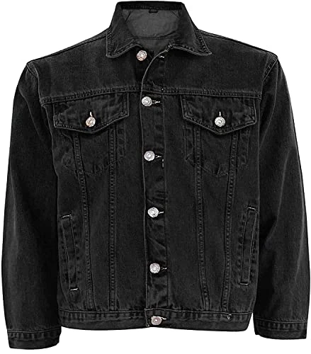 Mens Denim Jacket Long Sleeve Casual Wear Loose Fit Outerwear Lightweight Outdoor Top Jet Black Larg