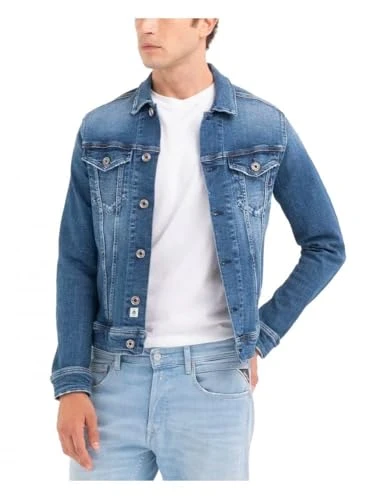 Men's Denim Jacket Made of Aged Denim, Blue (Medium Blue 009), S