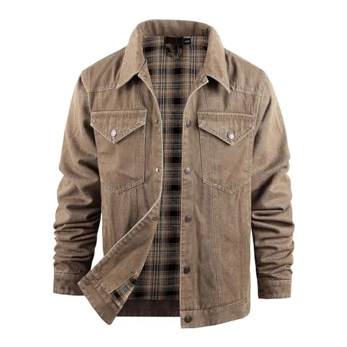 Men's Denim Jacket The Trucker Denim Long Sleeve Jacket Cotton Washed Denim Jeans Jacket Men Flannel Sherpa Fleece Hoodie Western Style Leisure Jean Coat UK Sizes S-XXL(Brown,L)