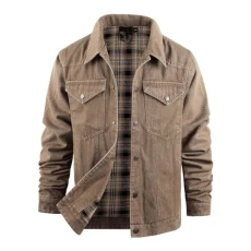 Men's Denim Jacket The Trucker Denim Long Sleeve Jacket Cotton Washed Denim Jeans Jacket Men Flannel Sherpa Fleece Hoodie Western Style Leisure Jean Coat UK Sizes S-XXL(Brown,L)