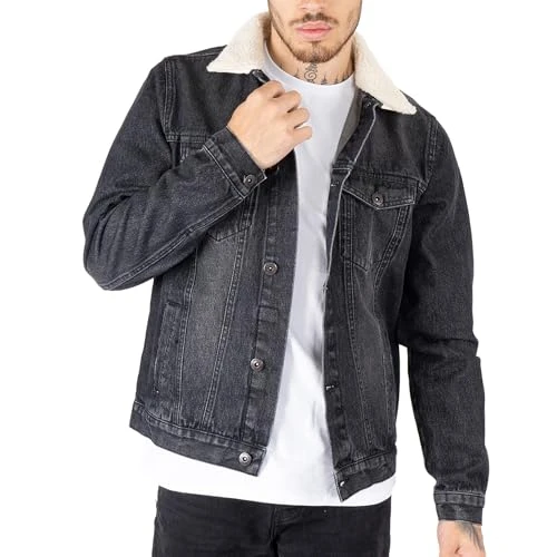 Mens Denim Jacket with Detachable Sherpa Collar Classic Fur Jean Trucker Coat (M, Black)