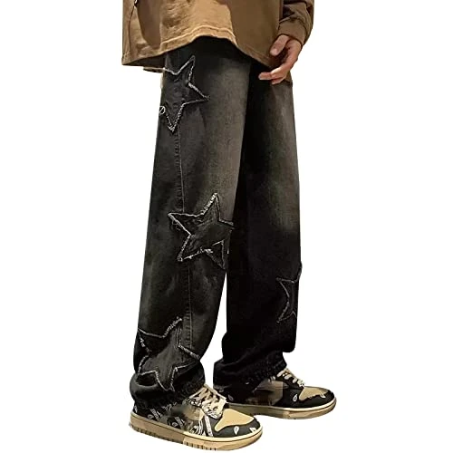 Men's Denim Pants Baggy Jeans Y2K Jeans for Men Star Print Denim Pants Comfort Stretch Denim Straight Leg Relaxed Fit Jeans for Men, Black/White, 3XL