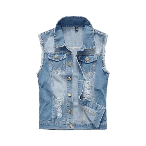 Men's Denim Vest Jacket, Casual Slim Sleeveless Gilet, Ripped Lapel Denim Coat, Classic Vintage Cowb