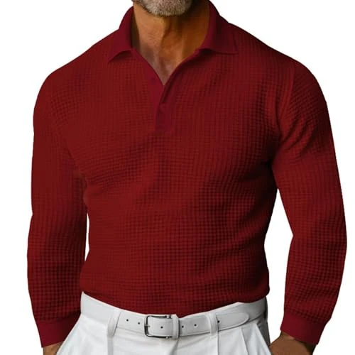 Men's Designer Lightweight Polo Shirt Casual Poloshirt with Reverse Collar and Buttons Sports Waffle Shirts Elegant T-Shirt Wide Long Sleeve Regular Fit Slim Fit Training T-Shirt, red, 3XL