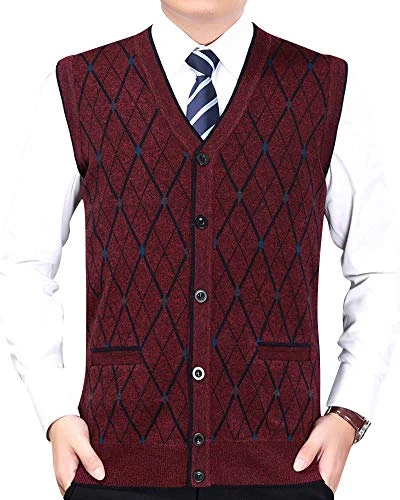 Mens Diamond Pattern Knitted Vest Cardigans V-Neck Sleeveless Button Waistcoat Knitwear Tank Tops wi