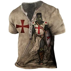 Men's Distressed Henley Shirt Knight Templar 3D Printed Short Sleeve T Shirts Vintage Casual Sports Tshirt Tops