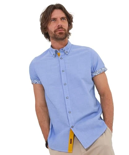 Men's Double Collar Short Sleeve Oxford Shirt, Blue, L