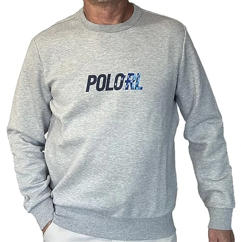 Men's Double Knit Crewneck Sweatshirt Digi Font POLO RL Logo, Heather Grey, L