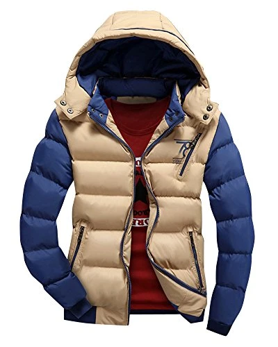Mens Down Feel Jacket Coat Hooded Big Size Cotton Blend Quilted Outerwear Khaki S