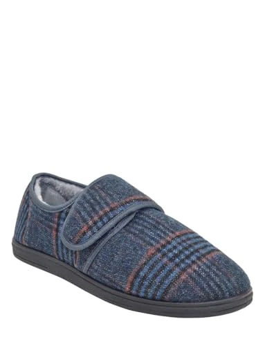 Men's | Dr Keller Wide Fit Faux Fur Lined Slippers with Touch Fasten Strap | Adjustable Comfortable House Shoes with Lightweight Sturdy Sole | Navy