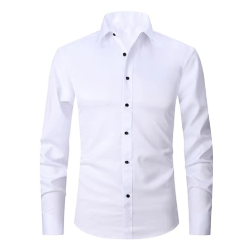 Mens Dress Shirt Button Down Casual Business Shirts Long Sleeve Slim Fit Formal Shirts White(Black B