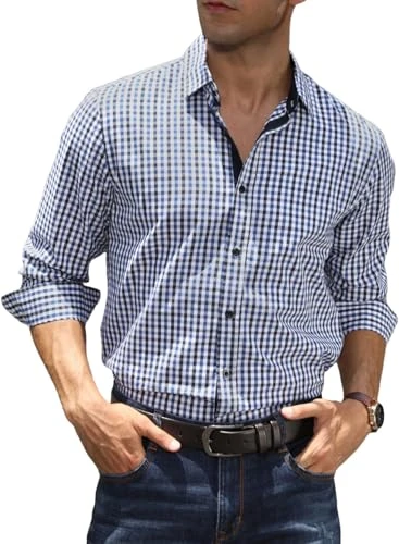 Men’s Dress Shirt Long Sleeve Button Down Plaid Cotton Business Formal Shirts Regular-Fit Wrinkle-