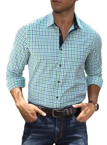 Mens Dress Shirt Plaid Cotton Business Formal Shirts Regular-Fit Wrinkle-Free Long Sleeve Button Dow