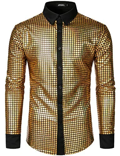 Men's Dress Shirt Sequins Button Down Long Sleeve Shirts 70s Disco Party Costume Medium Laser Gold