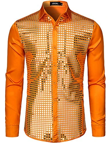 Mens Dress Shirt Silver Sequins Long Sleeve Button Down 70s Disco Shirt Party Costume Medium Orange