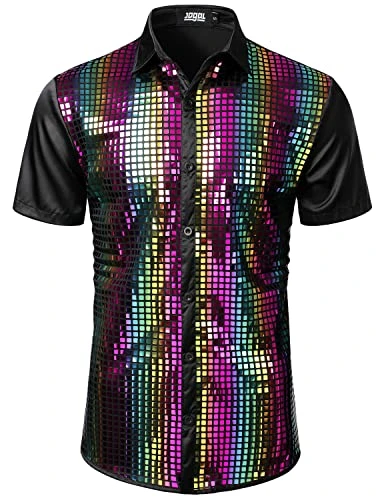 Mens Dress Shirt Silver Sequins Short Sleeve Button Down 70s Disco Shirt Party Costume Rainbow X-Lar