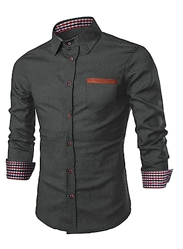 Men's Dress Shirts 2023 Casual Plaid Collar Long Sleeve Denim Button Down Work Shirts, Black, XXL