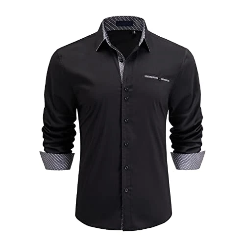 Men's Dress Shirts Long Sleeve Business Casual Shirt Regular Fit Button Up Shirts Black Grey XL