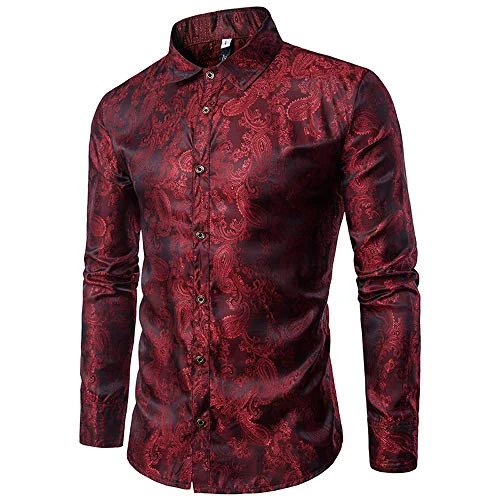 Men's Dress Shirts Long Sleeve Paisley Shirt Jacquard Silk Formal Shirts for Men Button Down Collar 