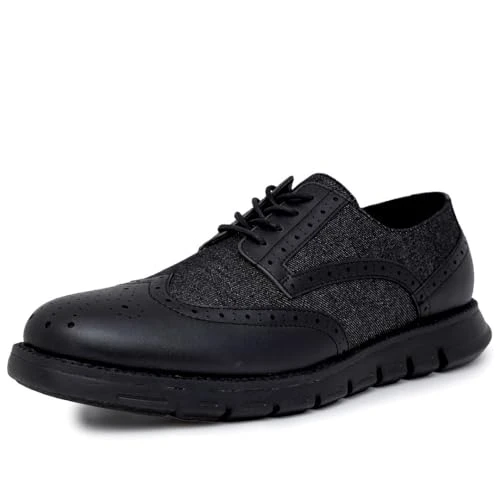 Men's Dress Shoes Wingtip, Lace Up Oxford Business Casual, Denim Black Smooth, 5.5 UK