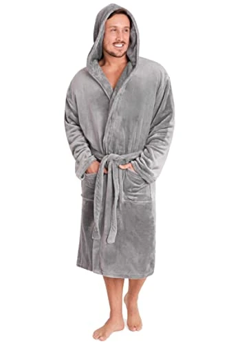 Mens Dressing Gown Super Soft Mens Fleece Robe with Hood Gowns Bathrobe Warm and Cozy (M, Light Grey)