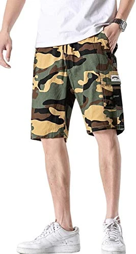 Men's e Cargo Shorts Elastic Waist Drawstring Cotton Casual Outdoor Shorts with Multi Pockets (M, Kh