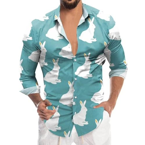 Men's Easter Fashion Digital 3D Printed Long Sleeve Lapel Button Down Shirt Top Colla Shirt Men (A1-