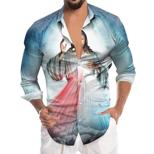 Men's Easter Fashion Digital 3D Printed Long Sleeve Lapel Button Down Shirt Top Thick T Shirt (D1-Da