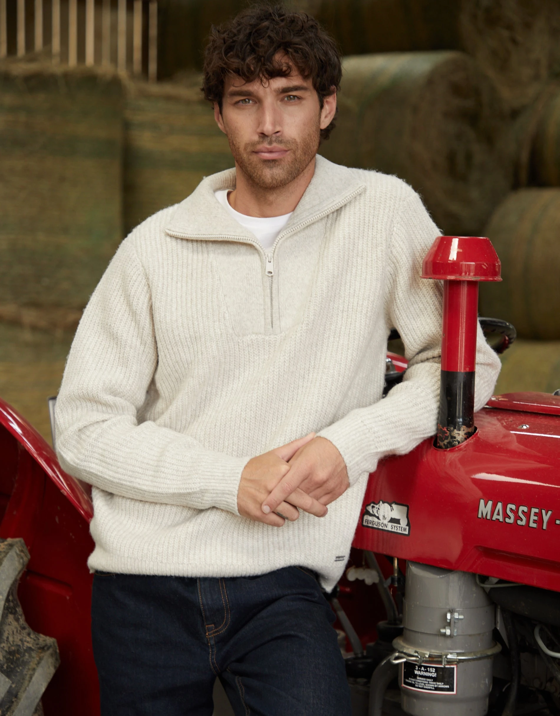 Men's Ecru Marl Knitted Quarter Zip Jumper