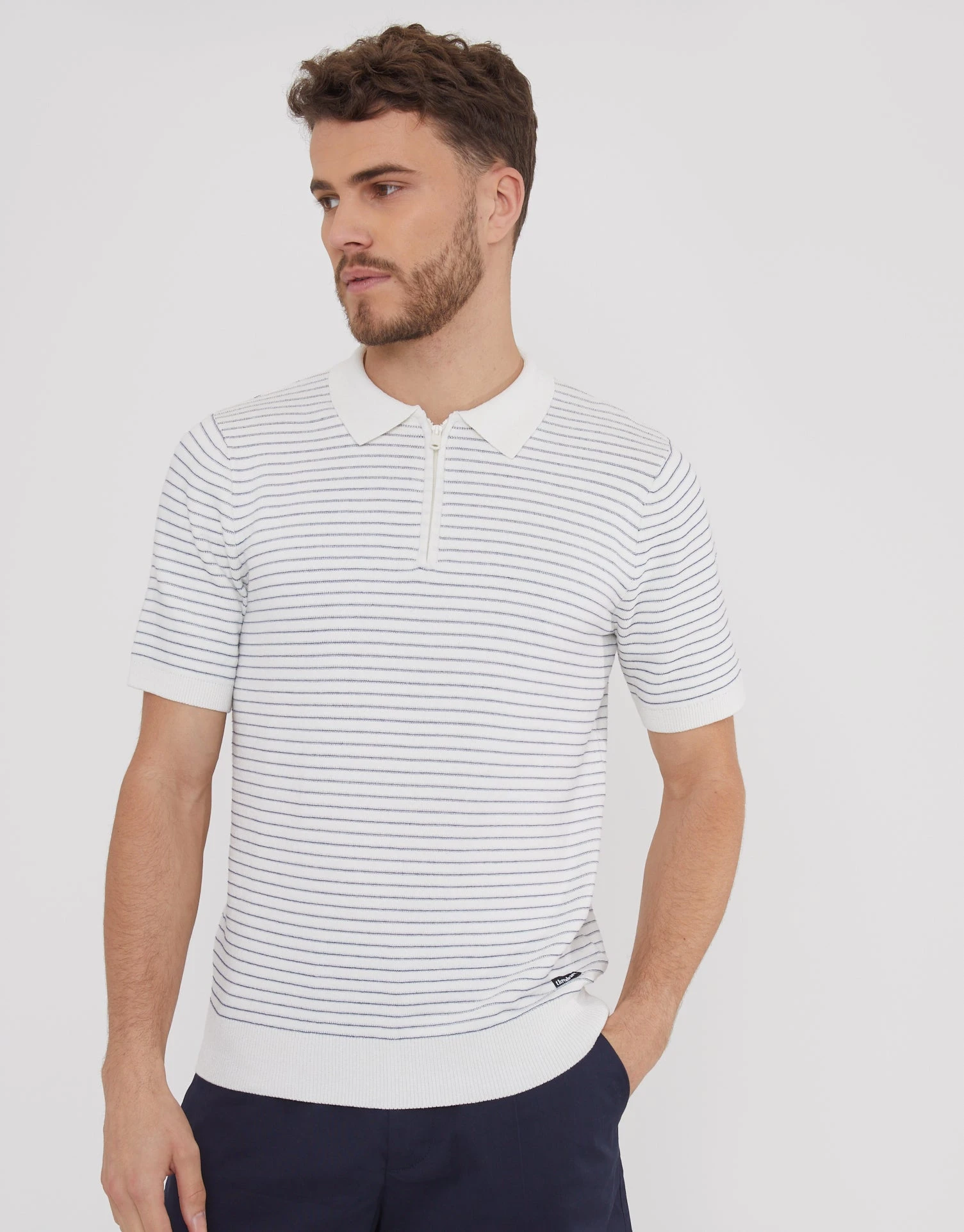 Men's Ecru Textured Stripe Quarter Zip Knitted Polo