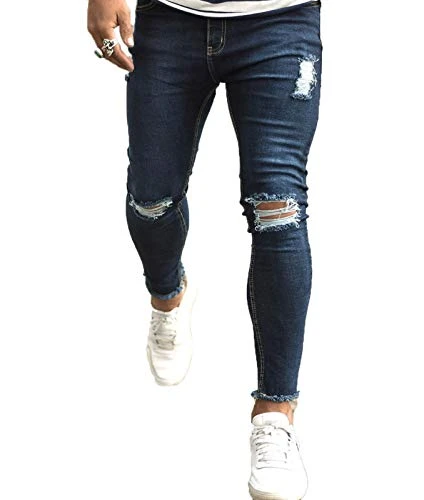Men's Elastic Ripped Skinny Motorcycle Jeans Ruined Worn Out Slim-fit Denim Jeans Dark Blue