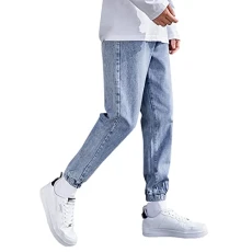 Mens Elasticated Cuffed Work Denim Jean Trousers Slim Fit Straight Leg Drawstring Cinch Bottom Denim Jogger Jeans Classic Distressed Cotton Washed Heavy Duty Workwear Bottoms Walking Trousers