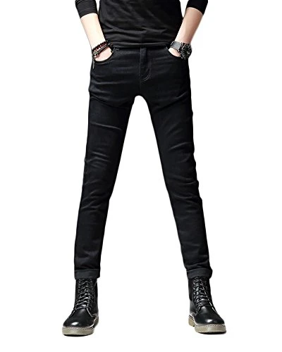 Men's Elasticity Slim Fit Pure Color Trousers Skinny Denim Pants Youth Straight Leg Jeans Black 32