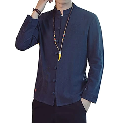 Men's Embroidered Kung Fu Shirts Round Neck Long Sleeve Gentle Traditional Hanfu Jacket (Navy, M)