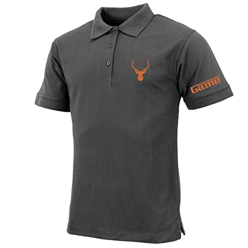 Mens Embroidered Stag Logo Short Sleeve Polo Shirt - Hunting Camping Top Charcoal